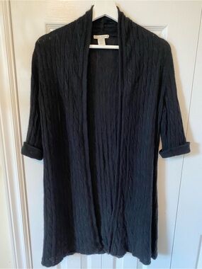 White + Warren 100% Cashmere Black Cable knit Floaty lightweight long Cardigan L